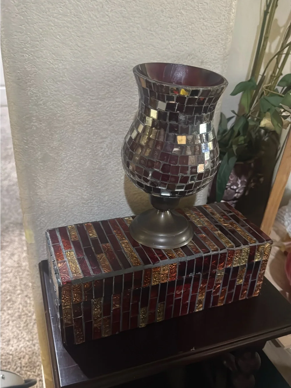 Decorative Burgundy Mosaic Glass Candle Holder and box mirror